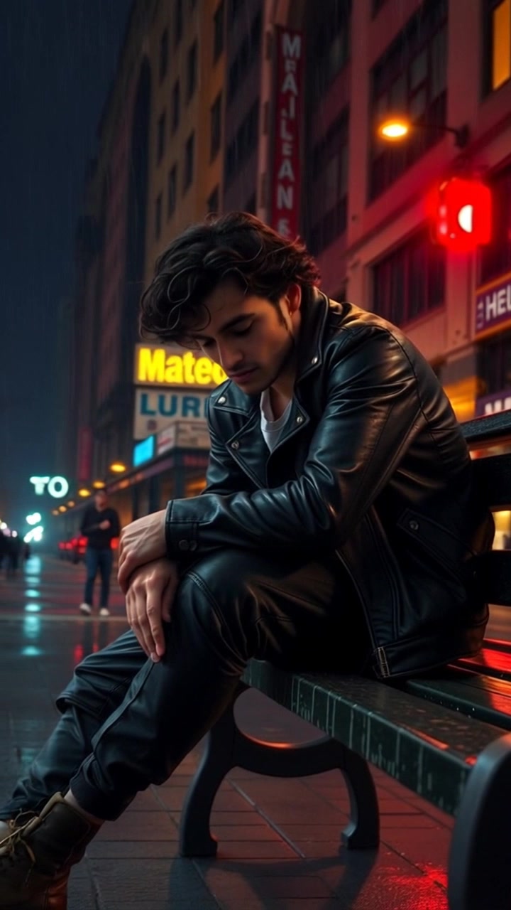 Subject: A dejected individual named Mateo sitting on a bench. Subject movement: Mateo gazes down at his hands, the weight of his emotions evident in his posture. Scene: An empty park setting filled with soft grass and sparse trees in the background. Style: Soft, ambient light filters through the leaves, creating a serene yet somber atmosphere. Motion: Camera gently pushes in for a close-up, capturing the nuanced expression on Mateo's face, before pulling back to reveal the surrounding solitude.
