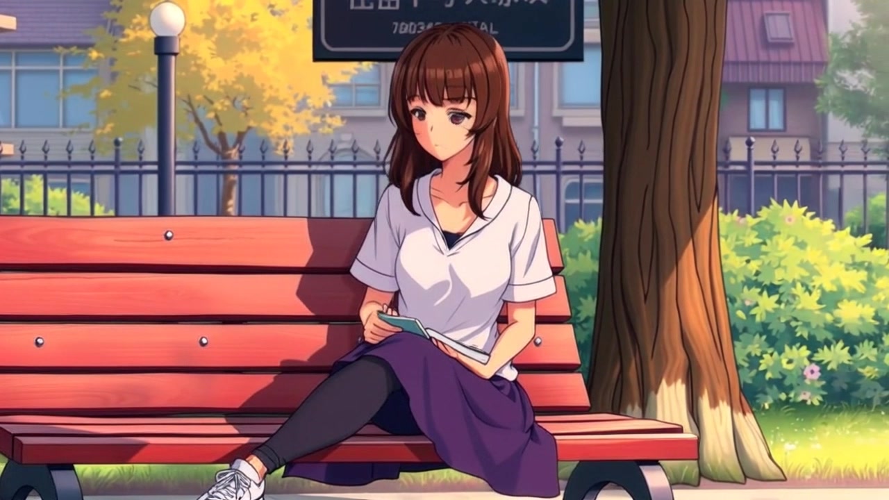 Subject: A person sitting on a park bench. Subject movement: The person occasionally glances up from their notebook to observe the surroundings. Scene: A serene park with lush greenery and vibrant flowers in the background. Style: Soft, ambient light filtering through the leaves overhead, creating a calm atmosphere. Motion: The camera slowly pans around the bench, capturing the surrounding beauty while focusing on the person deep in thought.