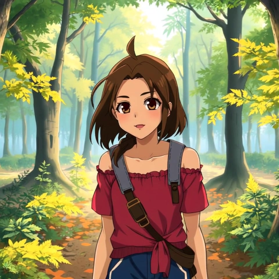 Subject: Priya walking through a serene forest, exuding determination in her posture. Subject movement: She strides purposefully ahead, navigating through the dappled sunlight as it filters through the tree canopy. Scene: Lush green forest with towering trees and soft underbrush. Style: Warm morning light illuminating the scene, creating an inviting atmosphere. Motion: The camera follows her with a smooth, tracking shot, gliding alongside as she moves deeper into the tranquil surroundings.