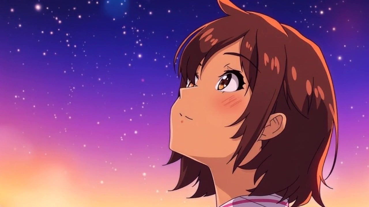 Subject: A young woman gazing up at the stars with a thoughtful expression. Subject movement: She subtly shifts her gaze as if contemplating the infinite sky. Scene: A serene night sky filled with twinkling stars above a quiet, darkened landscape. Style: Ambient moonlight illuminating her face, creating a tranquil and peaceful mood. Motion: Camera begins with a close-up of her face, then slowly pulls back to reveal the vastness of the starry sky above her, enhancing the sense of wonder.