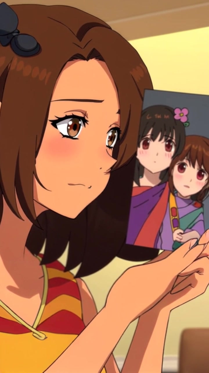 Subject: A woman gazing at a family photo, her expression reflecting faint sadness. Scene: A cozy, warmly lit living room adorned with personal touches, softly illuminated in the late afternoon light. Motion: The camera slowly zooms in on her face, capturing the subtle emotions as her eyes linger on the photo, evoking a sense of nostalgia and longing.