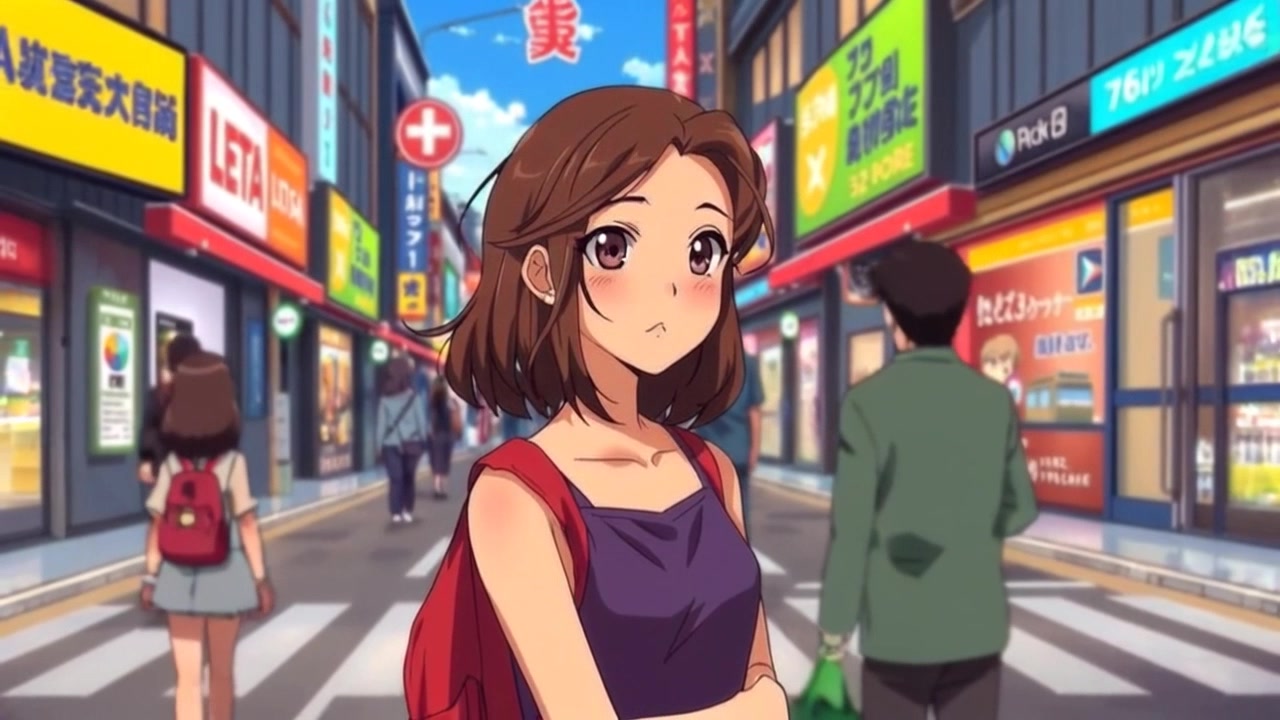 Subject: A thoughtful individual standing alone in a busy urban street, surrounded by a bustling crowd. Subject movement: The individual remains still, lost in thought while people move past in a blur. Scene: A vibrant urban street filled with pedestrians, storefronts, and urban scenery. Style: Ambient city light with soft shadows, creating a contemplative yet dynamic atmosphere. Motion: Camera starts with a close-up on the individual’s expression, then pulls back smoothly to reveal the lively street, accentuating the contrast between the stillness of the subject and the chaos of the city.