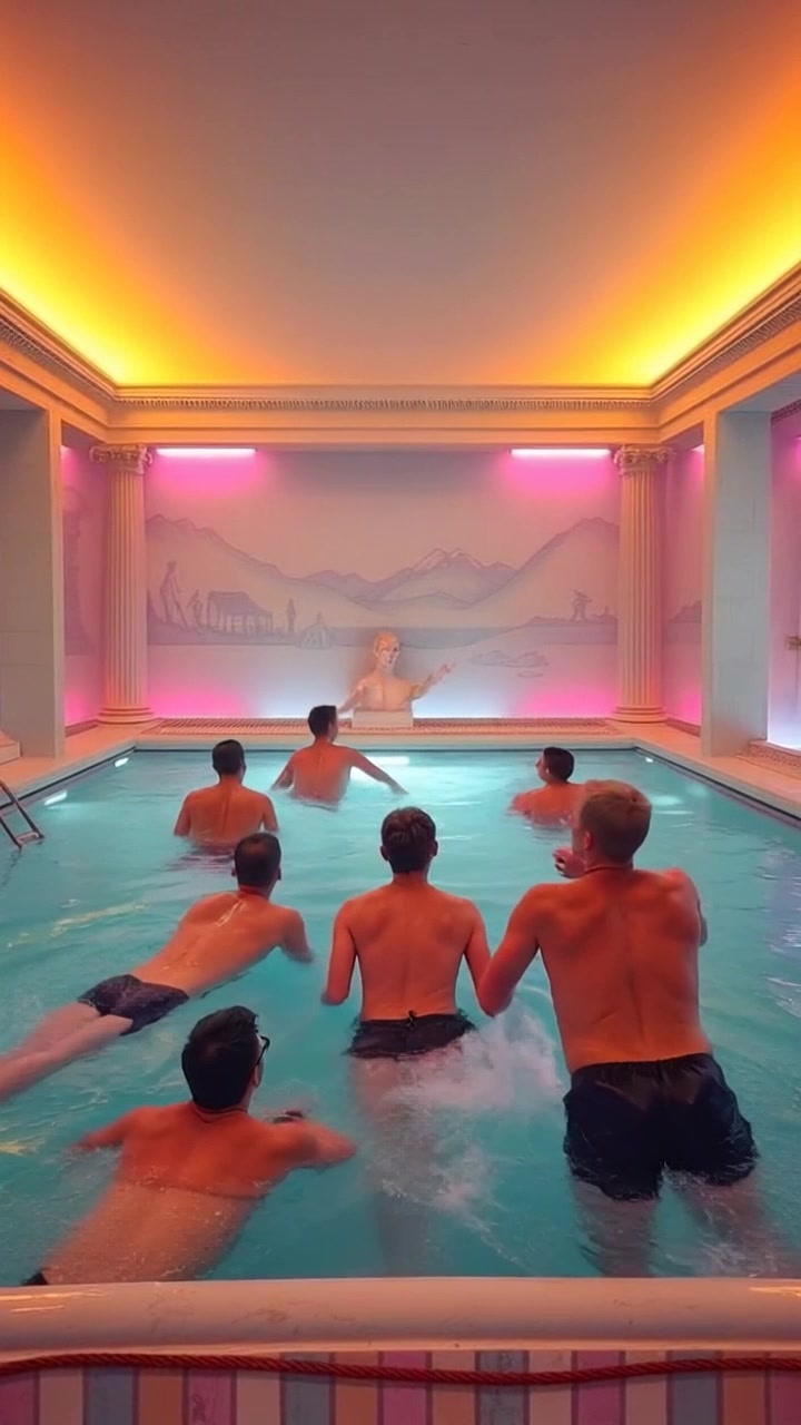 Scene: A frigidarium filled with crystalline cold water, where bathers take refreshing plunges, splashing water around them. Style: Bright, ambient light illuminated by overhead skylights, accentuating the clarity and purity of the water. Motion: Camera glides smoothly across the space, capturing the joyful commotion of bathers diving in and out, water droplets cascading with dynamic energy.