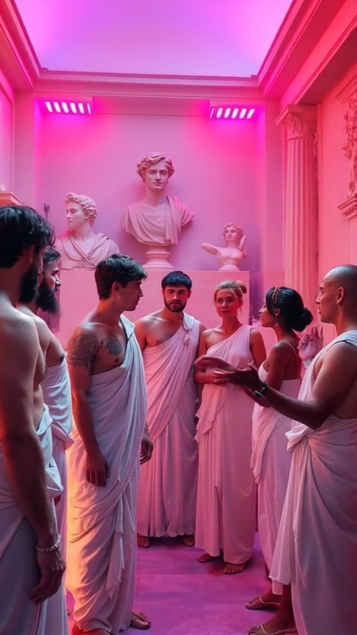 Scene: A vibrant Roman bathhouse bustling with activity, where a group of individuals engages in lively discussions while enjoying the communal bathing experience. Style: Soft, diffused natural lighting creating a warm and inviting atmosphere, enhancing the intricate details of the marble architecture and steam rising gently from the water. Motion: The camera moves gracefully through the bathhouse, panning slowly to capture the animated interactions and expressions of the bathers, while also showcasing the grandeur of the surroundings.