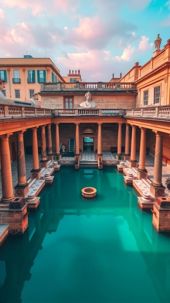 Scene: An aerial view of the ancient Roman Baths, showcasing grand architecture and tranquil pools filled with water. Style: Soft, warm light bathing the majestic structures, highlighting the intricate details of the stonework. Motion: The camera gradually descends from a high vantage point, gently sweeping over the baths to reveal the shimmering reflections in the water, creating a serene and historical atmosphere.