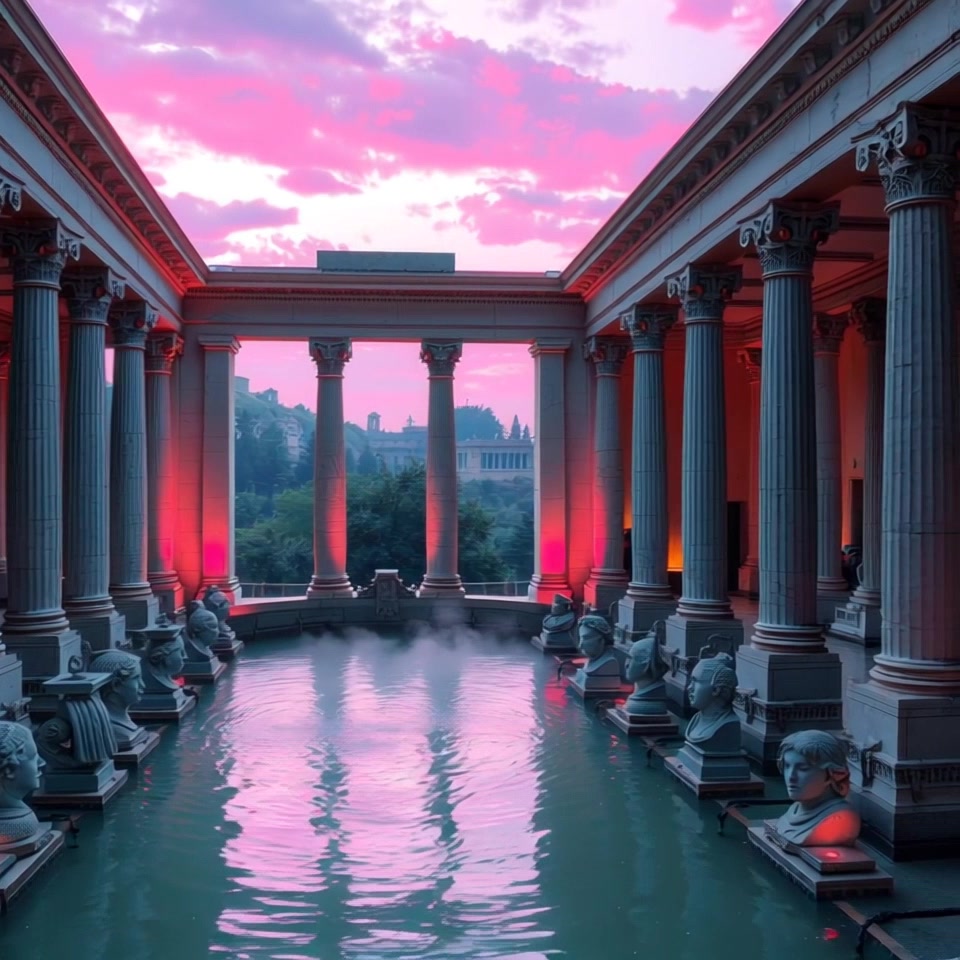 Scene: The Roman Baths, featuring tall marble columns surrounding a large central pool filled with steam. Style: Soft, ambient lighting enhances the ethereal atmosphere with a mystical glow. Motion: Camera pans slowly across the historic architecture, moving gracefully around the pool as the steam rises, creating an enchanting ambiance.
