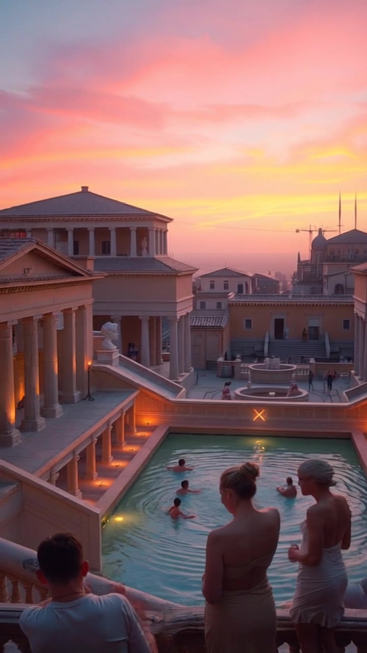 Scene: The Roman baths at sunset, adorned with glowing lights and bathers enjoying the warm water. Style: Warm sunset lighting creating an inviting atmosphere, with reflections dancing across the water surface. Motion: The camera glides smoothly over the baths, capturing the vibrant surroundings and bathers, then pulls back to reveal the entire grandeur of the ancient structure against the colorful sky.