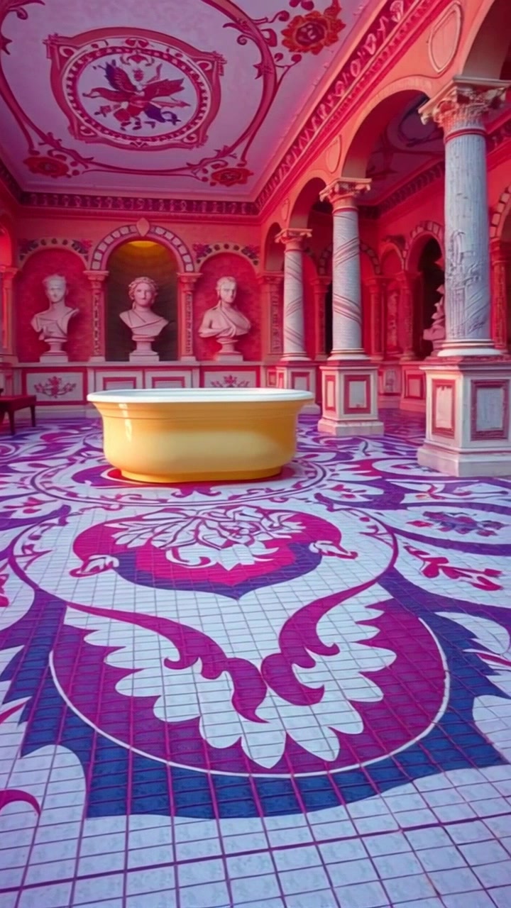 Scene: A beautifully intricate decorative mosaic floor in a Roman bath, showcasing detailed patterns and vibrant colors. Style: Soft, ambient lighting that accentuates the curves and designs of the mosaic tiles. Motion: The camera glides smoothly over the surface of the floor, capturing the intricate details from various angles, gradually pulling back to reveal more of the Roman bath's splendid architecture.