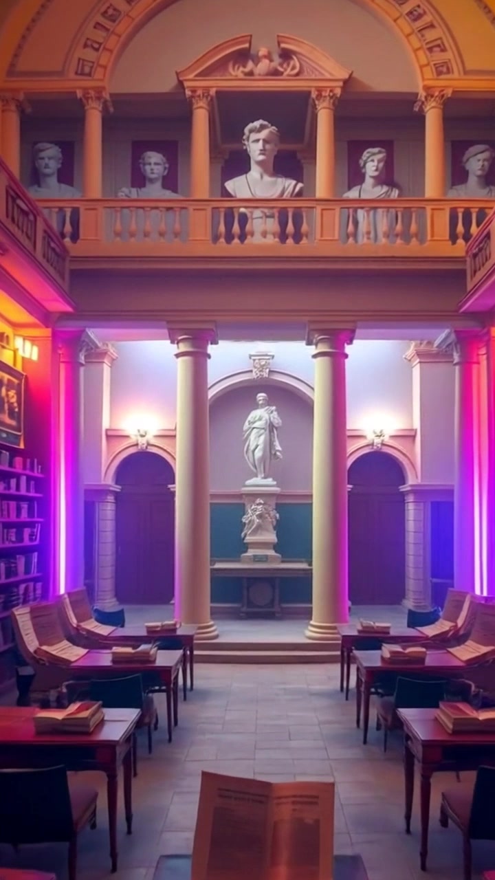 Scene: A library adjacent to a Roman bathhouse, filled with ancient scrolls and patrons engaged in reading. Style: Soft, ambient lighting filters through arched windows, creating a serene atmosphere. Motion: The camera glides smoothly through the library, capturing various patrons in contemplative poses, while panning to showcase the intricate architecture of the bathhouse in the background.