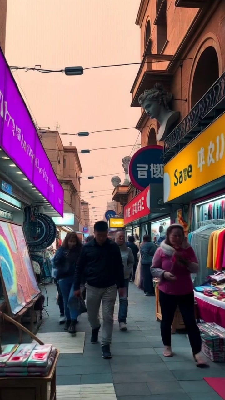 Scene: A bustling marketplace filled with vibrant stalls displaying colorful fabrics, with merchants actively engaging in lively exchanges. Style: Bright, cheerful lighting illuminating the array of textures and colors. Motion: The camera glides smoothly through the market, capturing the essence of commerce and community while panning from one stall to another, immersing the viewer in the marketplace's energy.