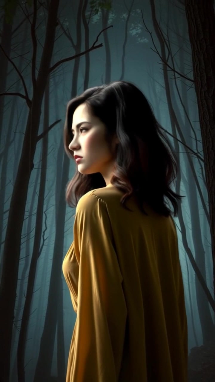 Subject: A person standing at the edge of a dark forest. Subject movement: The person turns slightly, glancing back with a worried expression, shadows looming ominously behind them. Scene: Dark forest edge, with towering trees casting long shadows in dim light. Style: Murky, ambient lighting creating an eerie atmosphere filled with tension. Motion: The camera begins with a close-up of the person's face, capturing their expression, then smoothly pulls back to reveal the forest, as branches sway subtly in the breeze.