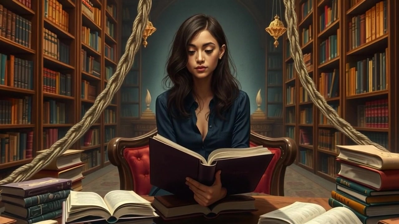 Scene: A quiet library with rows of towering bookshelves and a sun-drenched table where Priya is seated, surrounded by open books. Style: Soft, ambient lighting filtering through large windows, casting gentle shadows across the table. Motion: The camera slowly pushes in towards Priya, focusing closely on her attentive expression as she absorbs information, creating a sense of intimacy and concentration.