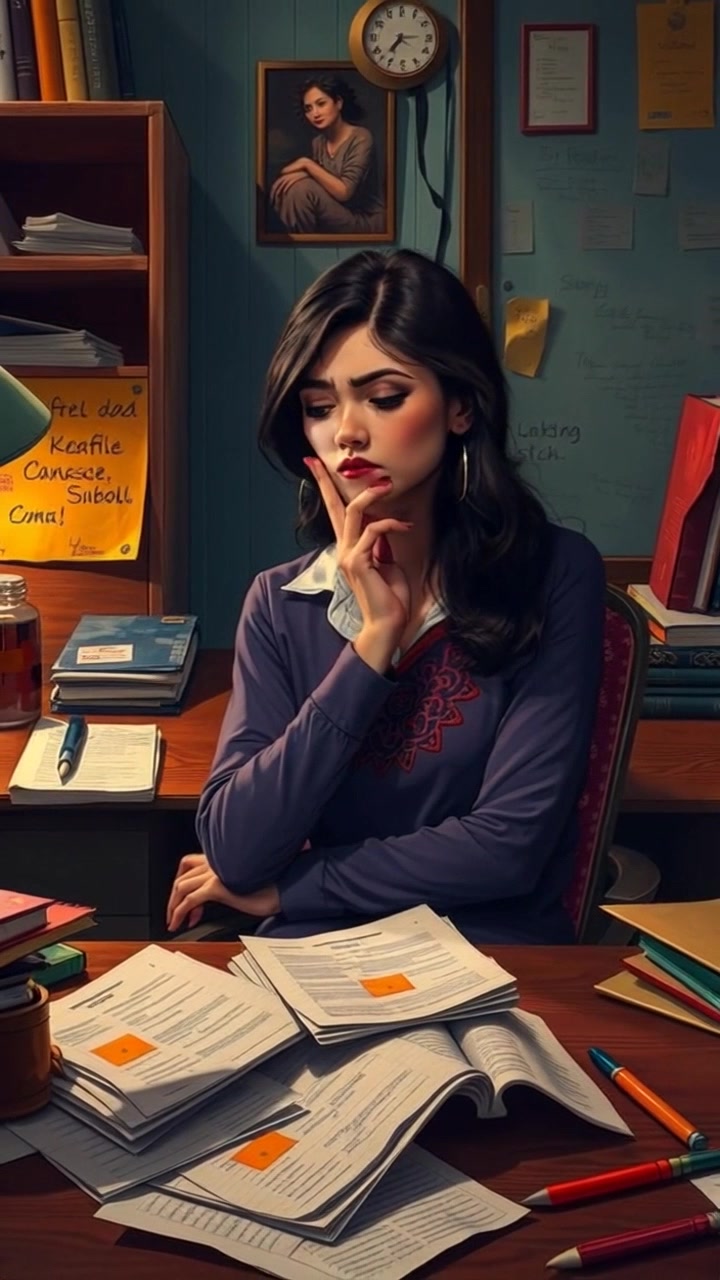 Subject: A person sitting at a desk, looking anxious with papers scattered around. Subject movement: The person fidgets nervously, tapping fingers on the desk while glancing around the room. Scene: An inviting yet cluttered home office filled with practical decor, papers strewn about, and a soft, warm glow from a desk lamp. Style: Ambient lighting creates a cozy atmosphere while maintaining a sense of urgency. Motion: The camera gently pushes in towards the subject, capturing their expressive features, then pulls back to reveal the chaotic desk environment as they take a deep breath.
