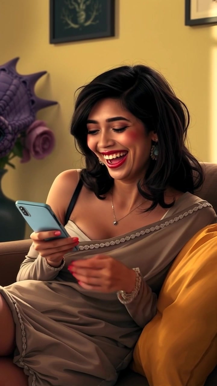 Subject: A young woman laughing joyfully on her cozy couch while engaging with her phone, revealing playful complaints on the screen. Subject movement: She shifts slightly, leaning back and forth in amusement as she scrolls. Scene: A comfortable living room filled with soft cushions and warm decor, light pouring in from a nearby window. Style: Bright natural lighting enhances the cheerful mood, casting gentle shadows around the room. Motion: The camera performs a slow push-in towards the woman, capturing her infectious laughter and the warm atmosphere of her surroundings.