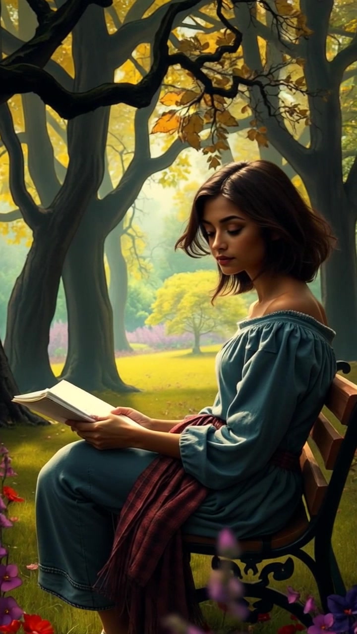 Subject: Cacantikan sitting on a bench, lost in thought with a notebook in hand. Scene: A serene park filled with lush green trees and a peaceful atmosphere, sunlight filtering through the leaves. Motion: The camera gently pans in, capturing Cacantikan's contemplative expression while soft ambient light enhances the tranquil setting.