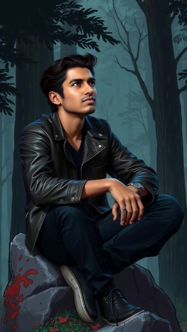 Subject: A young man seated on a rock in a tranquil forest. Subject movement: He shifts slightly, raising his gaze as if listening to the sounds of nature around him. Scene: Serene forest clearing surrounded by tall trees and dappled sunlight filtering through the leaves. Style: Soft, warm morning light casts gentle shadows, enhancing the peaceful ambiance. Motion: Camera gently pushes in from a distance, focusing on his reflective expression while softly revealing the lush greenery in the foreground.