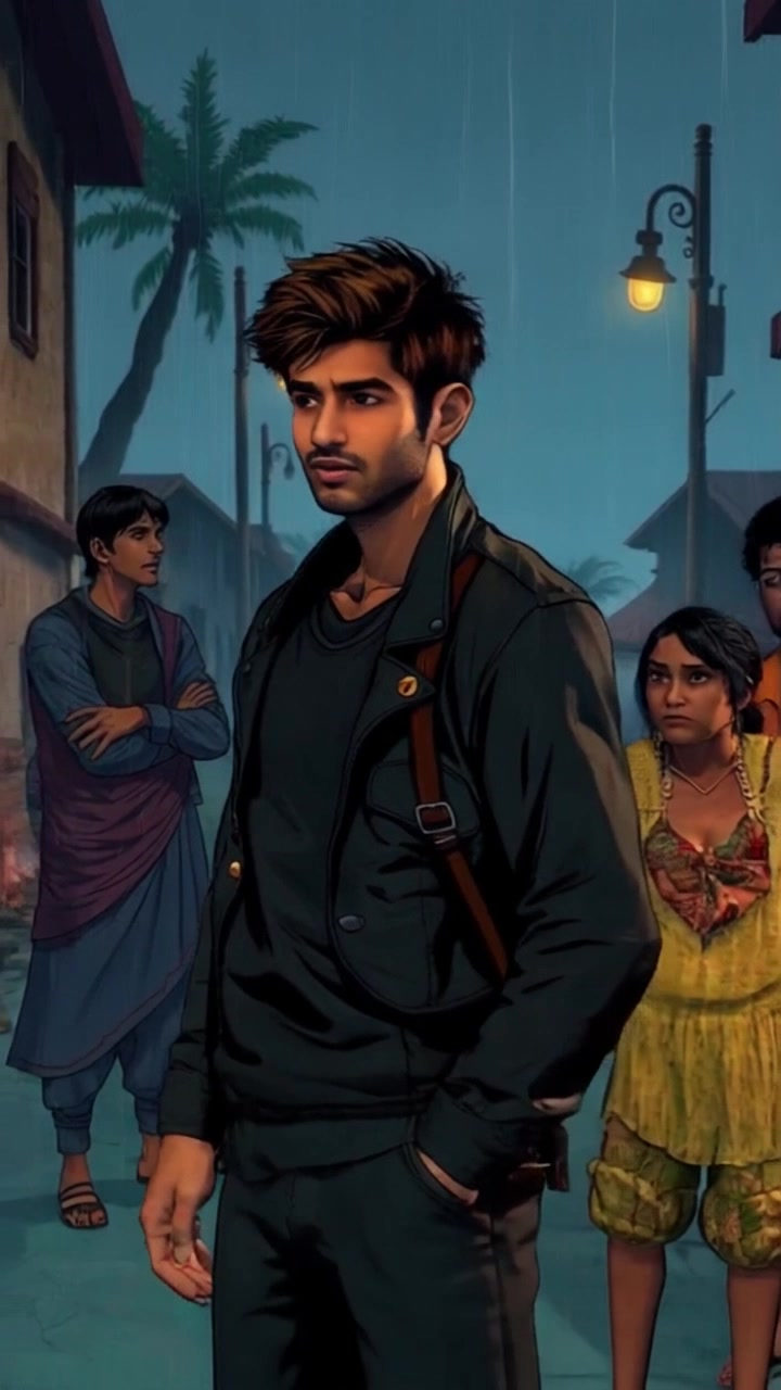 Subject: A young man named Arjun standing in the village, looking skeptical, surrounded by curious villagers. Subject movement: Arjun shifts his weight from one foot to another, glancing side to side as he evaluates the scene. Scene: A lively village setting with rustic houses and villagers watching intently, creating a vibrant backdrop. Style: Warm, late-afternoon light adds an inviting glow to the scene, emphasizing the textures of the village. Motion: The camera performs a slow, handheld tracking shot around Arjun and the villagers, capturing their expressions and interaction.