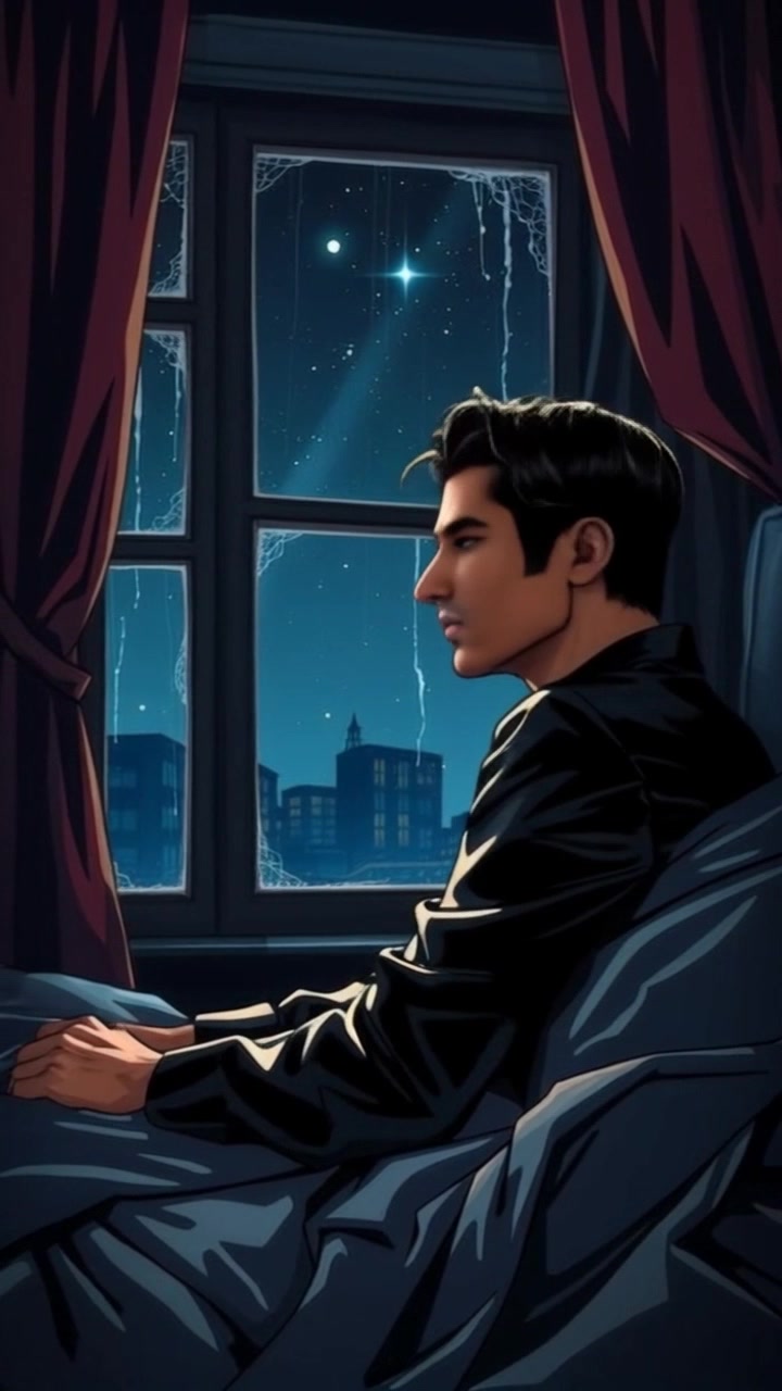 Subject: A restless figure sitting up in bed. Subject movement: The figure gazes intently out the window, shifting slightly in bed as he stares at the starry sky. Scene: A dark bedroom at night, the window framed by the soft shadows of the room, filled with twinkling stars beyond. Style: Dim, ambient lighting with soft contrasts highlighting the contours of the bedding and the silhouette of the figure. Motion: Camera slowly pans from the figure's face to the starry sky outside, creating a sense of wonder and introspection.