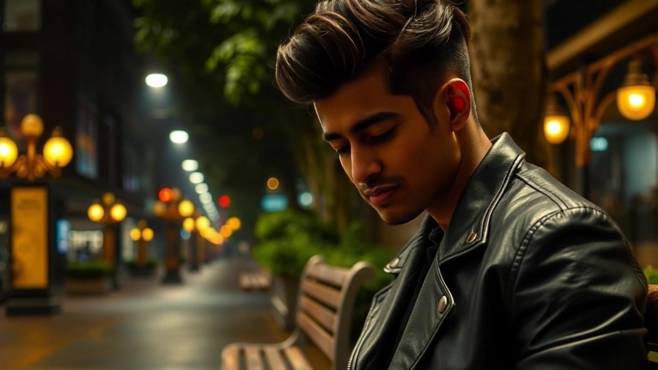 Scene: A peaceful park setting, with soft grass and trees lining the path, creating a serene atmosphere. Style: Soft, diffused lighting enhances the tranquil mood, with afternoon shadows creating gentle contrast. Motion: The camera slowly pushes in towards Arjun on the bench as he gazes contemplatively at the ground, capturing the depth of his thoughts.