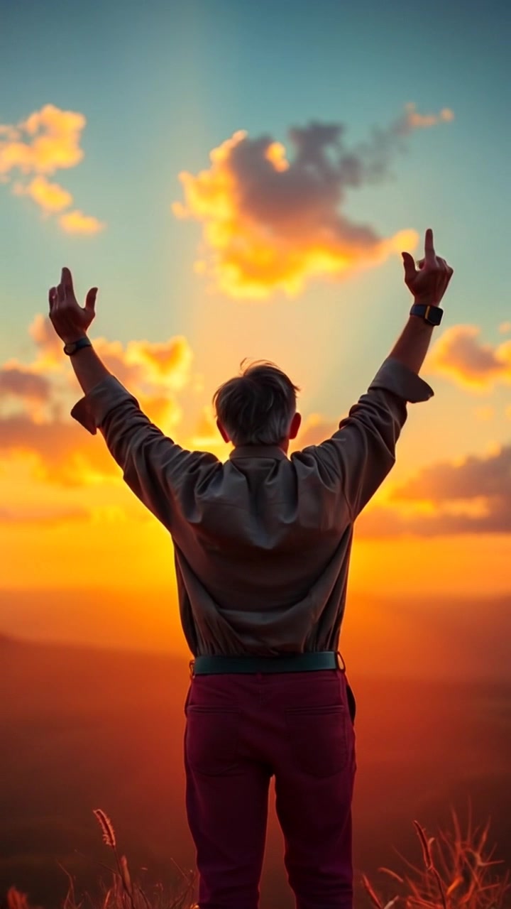 Subject: A person standing on a hilltop. Subject movement: The individual raises their arms triumphantly towards the colorful sunset. Scene: A panoramic view from a hilltop overlooking a vast, breathtaking landscape bathed in warm hues of orange and pink. Style: Rich, ambient sunset lighting enhancing the serene atmosphere. Motion: The camera starts with a wide-angle shot capturing the expansive view and slowly pushes in on the figure, showcasing their connection with nature as the landscape unfolds magnificently behind them.