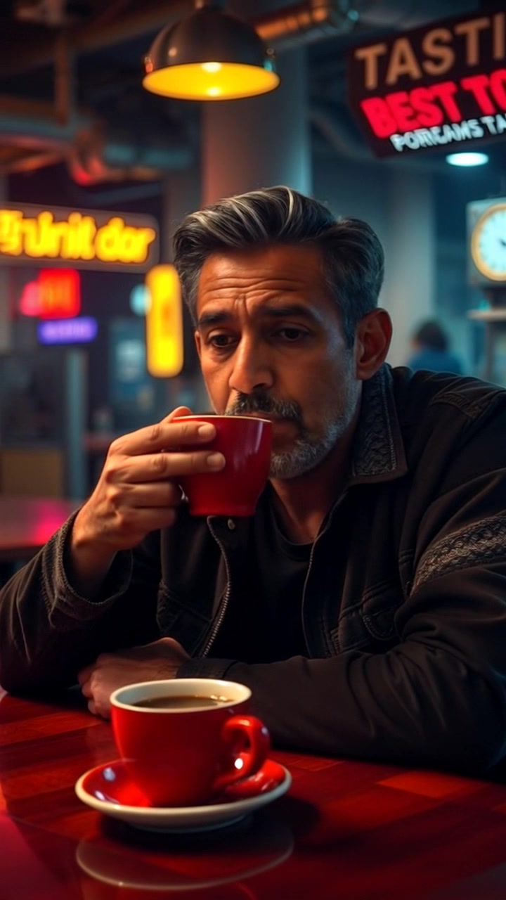 Subject: A person sitting at a wooden table, appearing inquisitive while holding a coffee cup. Subject movement: The person takes a thoughtful sip from the cup, subtly shifting their gaze as if pondering a deep question. Scene: A cozy, warmly lit interior with rustic wooden accents and soft textures creating an inviting atmosphere. Motion: Camera gently dolly in, focusing closer on the person's face to capture the nuanced expressions, while the background softly blurs to emphasize the moment. Lighting: Soft, ambient light filtering through nearby windows, highlighting the rich tones of the wooden table and creating a warm, contemplative mood.
