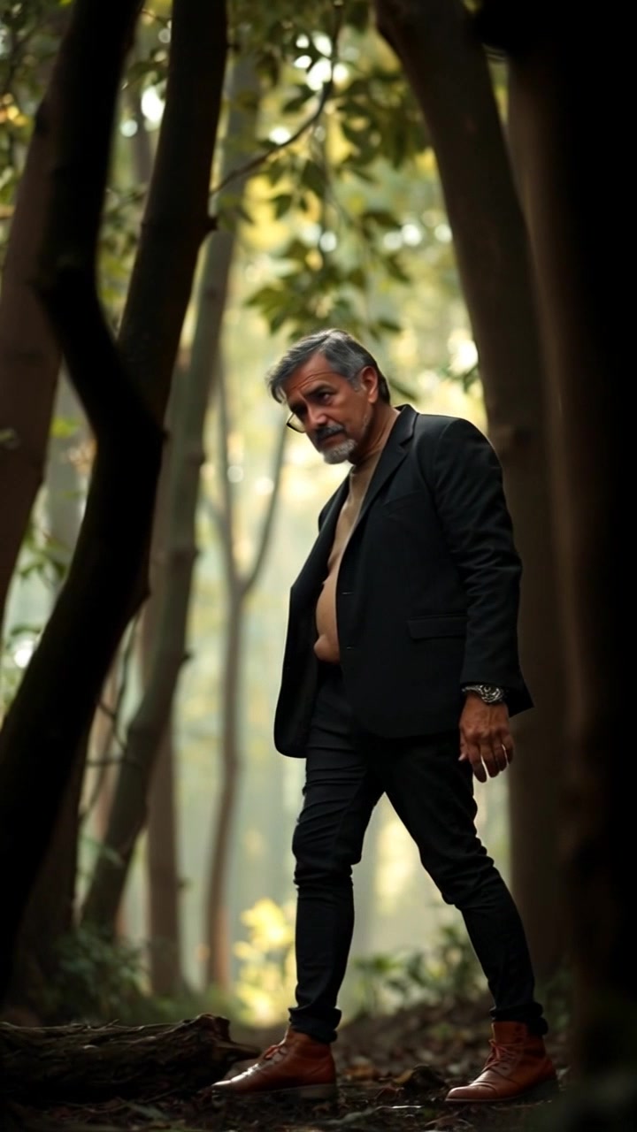 Subject: A figure emerging from the shadowy trees of a dense forest. Subject movement: Raj steps forward with a purposeful stride, glancing around cautiously as he exits the shadows. Scene: The mysterious depths of a lush, dark forest, dappled with patches of sunlight that filter through the canopy overhead. Style: Soft, diffused lighting creating an enigmatic atmosphere with silvery beams illuminating parts of the foliage. Motion: The camera performs a slow push-in to capture Raj's gradual emergence, framing him within the towering trees, accentuating the sense of depth and suspense.