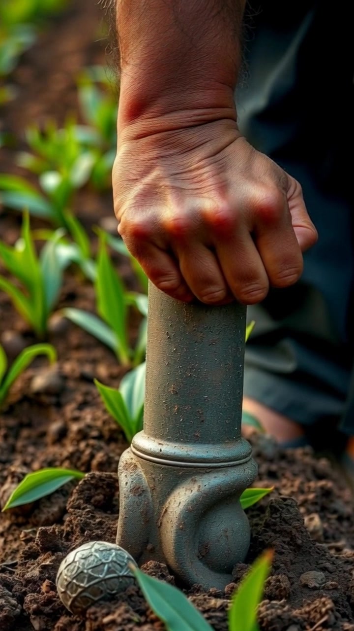 Subject: Hands gripping the plow firmly, showing strength and determination. Scene: Close-up of hands in the foreground, with rich soil and vibrant green crops surrounding them, illustrating a hardworking agricultural environment. Lighting: Warm, natural sunlight highlighting the textures of the dirt and crops, creating an inviting atmosphere. Motion: The camera slowly zooms in on the hands as they press down on the plow, emphasizing the labor involved in cultivation.