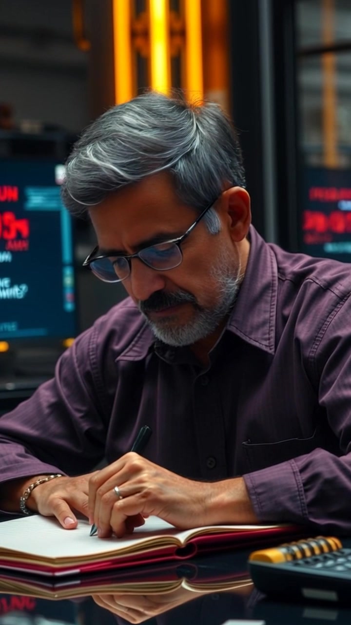 Subject: A person seated at a desk, lost in thought while writing in a notebook. Scene: Intimate close-up of a solitary figure at a wooden desk, illuminated by a soft desk lamp, with scattered papers and a pen nearby. Motion: Camera gently pushes in for a closer view of the subject's focused expression, capturing the quiet intensity of the moment, while ambient warm lighting enhances the contemplative atmosphere.