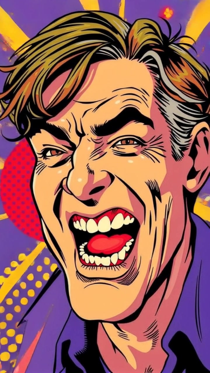 Subject: A man with a sinister grin, laughing maniacally. Scene: Surrounded by a vivid explosion of colors, creating a chaotic atmosphere. Style: Ambient lighting highlighting the vibrant chaos around him, enhancing the mood. Motion: Camera pushes in dramatically, capturing the man's expressive features as he throws his head back, the colors swirling around him, creating a sense of wild energy.