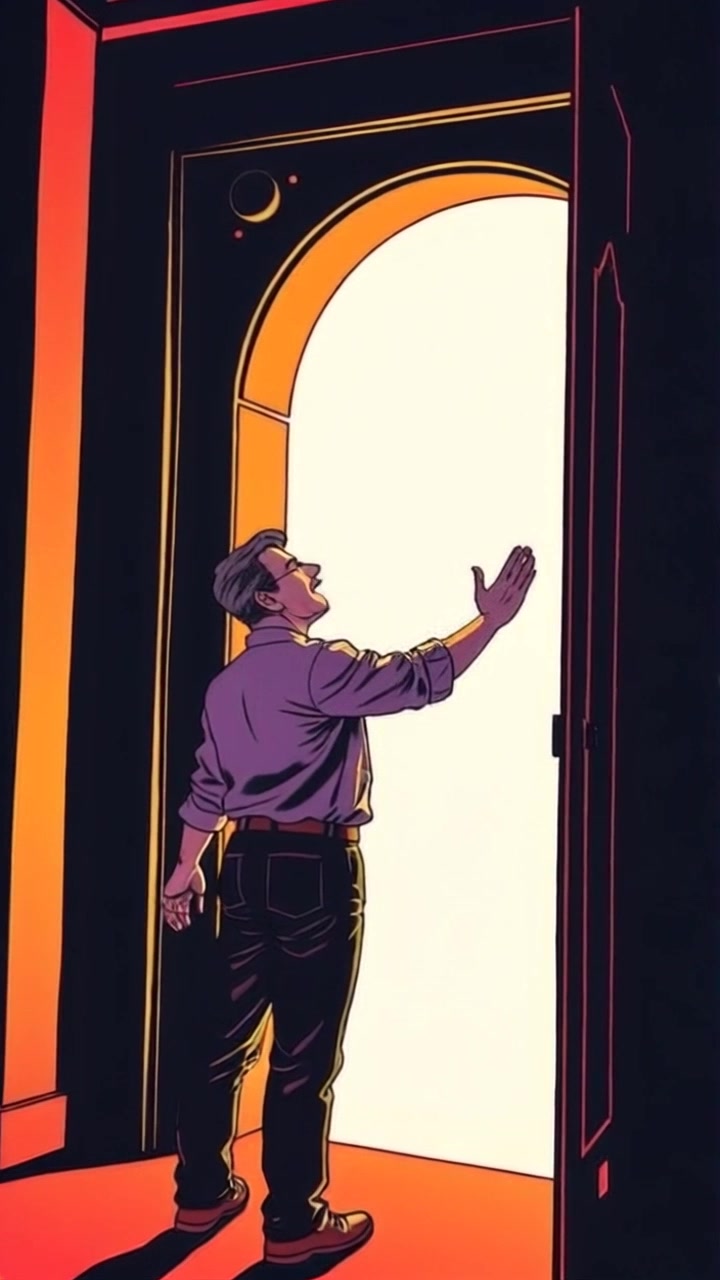 Subject: A figure standing in a dark room. Subject movement: The figure dramatically gestures towards a glowing portal, hands outstretched in an inviting manner. Scene: Dimly lit room with shadows cast by an otherworldly portal emitting a radiant glow. Style: Ambient, mystical lighting highlighting the portal's vibrant colors against the dark surroundings. Motion: The camera slowly pushes in towards the figure, capturing the intensity of their gesture as it transitions to reveal the alluring light of the portal, creating an enchanting sense of depth.