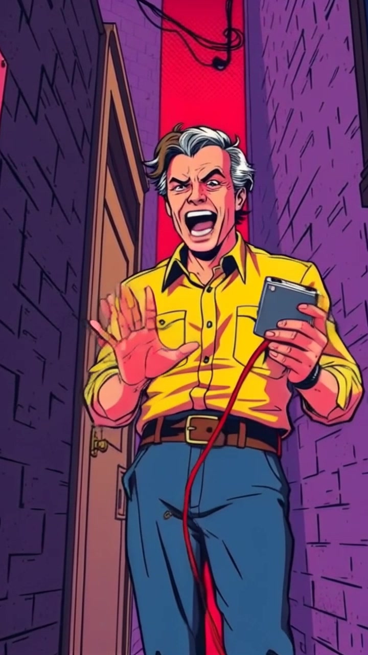 Subject: A figure standing in a dark alley, holding a strange device. Subject movement: The figure laughs maniacally, shifting slightly with excitement as they wave the device. Scene: A shadowy alley illuminated by sparse flickering streetlights, casting eerie shadows on the damp pavement. Style: Gloomy and atmospheric lighting emphasizing the tension of the scene. Motion: Camera slowly zooms in on the figure's face, capturing the intensity of their gaze and the flickering device, as shadows dance around them.
