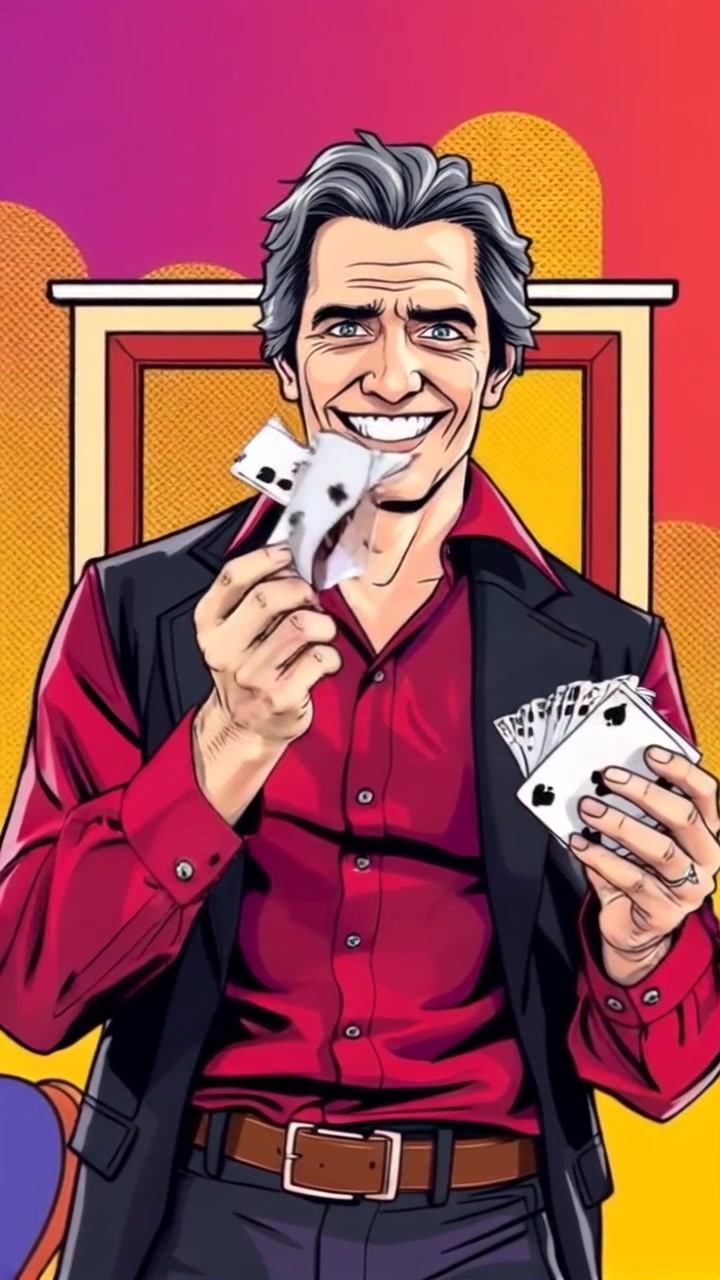 Subject: A man named Mark holding a deck of cards with a confident, mischievous grin. Subject movement: He tosses a card into the air, captivatingly fanning the rest of the deck in his other hand. Scene: An intimate, softly-lit card table setting surrounded by warm, inviting decor. Style: Warm, ambient lighting creating a cozy atmosphere. Motion: The camera performs a dramatic push-in towards Mark as he skillfully releases the card, capturing the sparkle of the card against the glowing background.