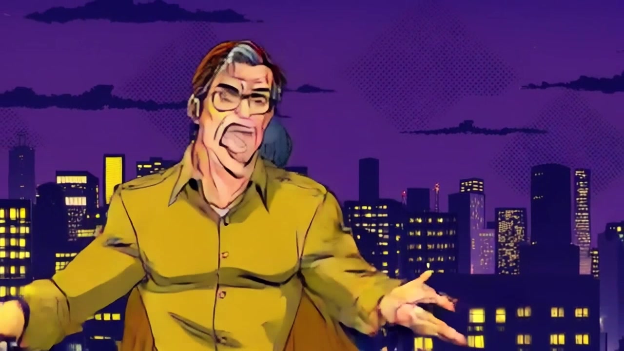 Subject: A figure in the foreground, gesturing dramatically towards the skyline. Subject movement: The figure waves their arms animatedly, emphasizing their passionate address. Scene: Gotham's skyline at night, illuminated by the glow of countless city lights, with a view that captures the essence of urban life. Style: Mysterious ambiance, with deep shadows contrasted by scattered bright lights. Motion: The camera slowly zooms out from the figure, revealing more of Gotham's expansive skyline as the lights twinkle in the background, enhancing the dramatic atmosphere.