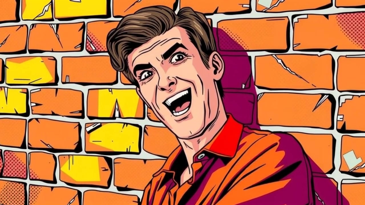 Subject: Mark laughing maniacally against a brick wall. Subject movement: He leans against the wall, throwing his head back with laughter, his body slightly swaying as his expression shifts from mischief to excitement. Scene: Urban alleyway with textured brick wall, scattered graffiti, and subtle street elements in the background. Style: Soft, ambient streetlight illuminating the scene with a touch of warmth, enhancing the playful atmosphere. Motion: The camera performs a slow push in towards Mark, capturing the nuance of his expression as laughter echoes in the vibrant urban setting.