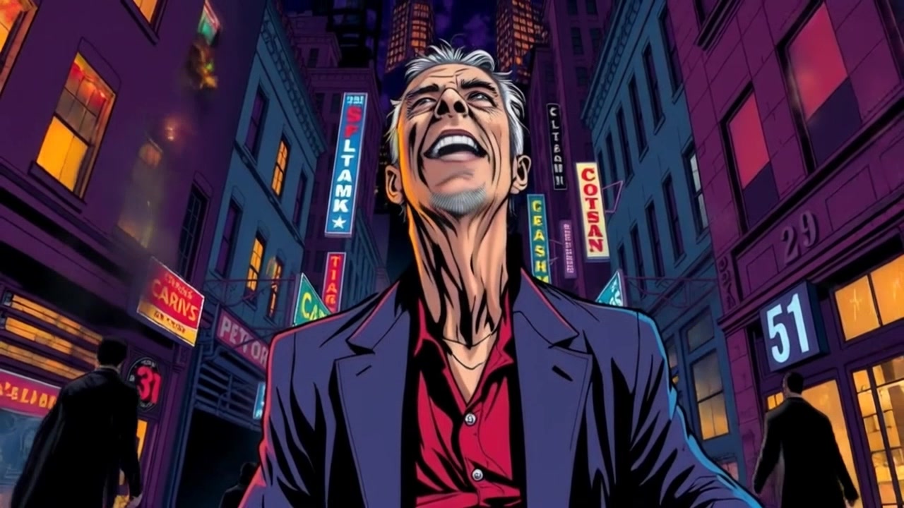 Subject: A figure in the center of a dark, chaotic Gotham street, grinning madly. Subject movement: The figure sways slightly, as if caught in the frenetic energy of the city around them. Scene: A dimly lit urban street filled with indistinct shadows, flickering lights, and distant sounds of chaos. Style: Low-key, contrasting lighting that heightens the menacing atmosphere, with deep shadows and sharp highlights. Motion: The camera performs a dramatic panning shot around the figure, capturing the frenetic energy of the street and emphasizing their manic expression amidst the surrounding chaos.