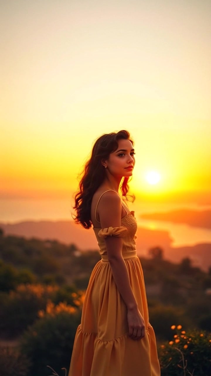 Subject: A Maya standing on a hilltop at sunrise. Subject movement: The Maya gazes serenely at the horizon, with gentle movements as the wind lightly tousles their hair. Scene: A peaceful hilltop overlooking a vast landscape bathed in the warm glow of early morning light. Style: Soft, golden sunrise illuminating the surroundings with a tranquil and inviting atmosphere. Motion: Camera starts with a closeup on the Maya's face, then slowly pulls back to reveal the expansive view of the horizon, capturing the beauty and calm of the moment.
