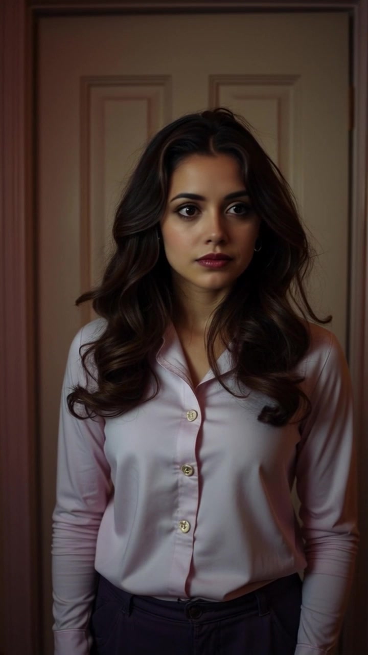 Subject: A young woman standing alone in a dimly lit room. Subject movement: She shifts slightly, looking around as if contemplating her next move. Scene: The room is sparse and shadowy, adding to the tension of her emotions. Style: Low, moody lighting creates a somber atmosphere, with shadows playing across the walls. Motion: The camera slowly dolly in towards her face, capturing the nuances of her expression as the tension builds in the scene.