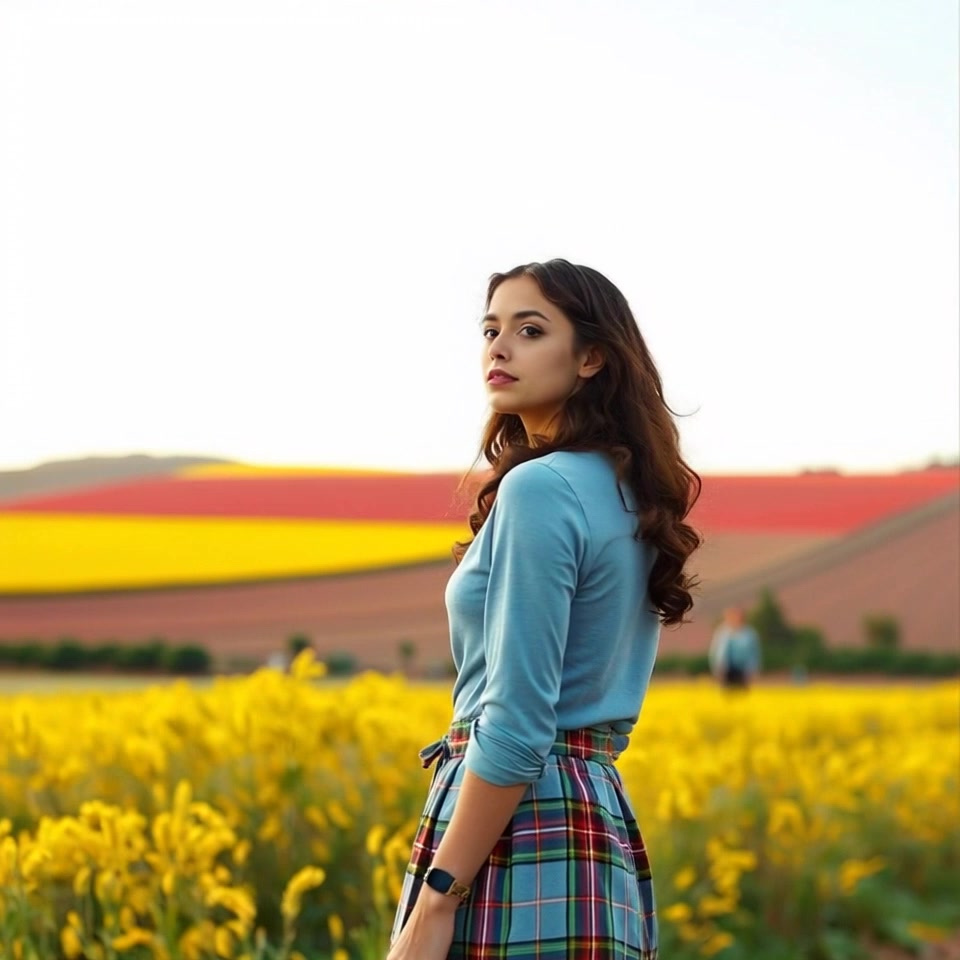 Subject: A figure standing alone in a field, gazing thoughtfully towards the horizon. Scene: Expansive field under a vast sky, with gentle hills rolling in the background. Style: Soft, warm evening light casting long shadows across the grass, evoking a serene, contemplative atmosphere. Motion: Camera slowly pushes in towards the figure, capturing the tranquil scene as the wind rustles the grass gently around them.