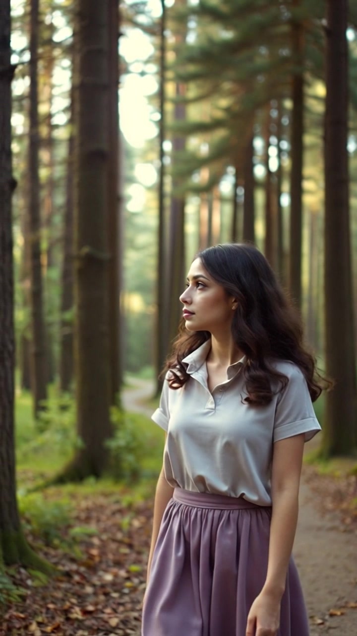 Subject: Maya walking quietly along a serene forest path. Subject movement: She strolls leisurely, her gaze wandering among the towering trees. Scene: Lush green forest path, dappled sunlight filtering through the canopy, creating a tranquil atmosphere. Style: Soft, natural lighting enhancing the greenery, with gentle shadows on the path. Motion: Handheld camera tracking shot following her from the side, capturing the peaceful ambiance and rustling leaves.