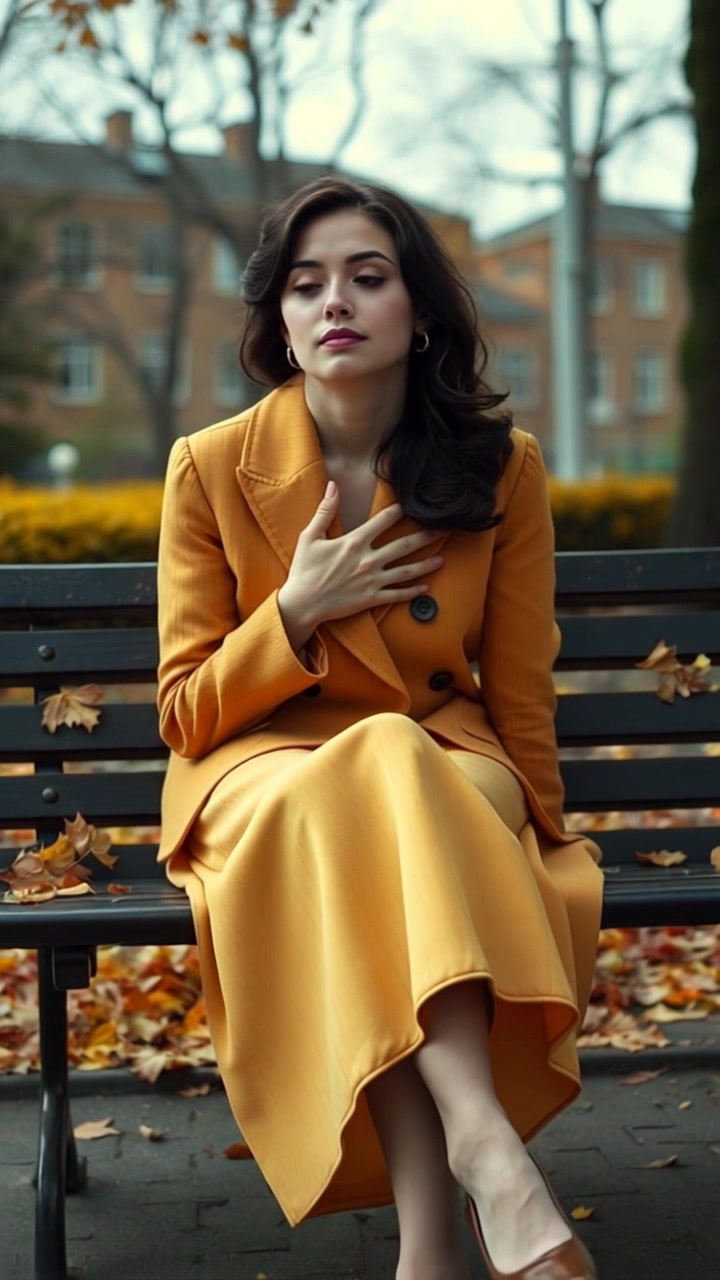 Subject: A woman seated on a park bench, holding her chest with a thoughtful expression. Scene: A serene park during autumn, with vibrant leaves scattered on the ground and trees in the background. Style: Soft, warm afternoon light filtering through the trees, creating gentle shadows. Motion: The camera starts with a close-up on her face, then slowly pulls back to reveal the surrounding colorful foliage, emphasizing her moment of reflection in the tranquil setting.