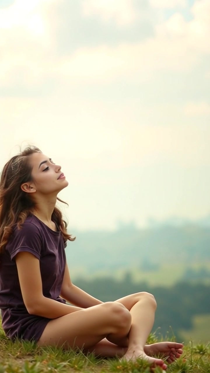 Subject: A peaceful Maya woman sitting cross-legged on a grassy hill. Subject movement: She remains still, eyes closed, as a gentle breeze flows through her hair. Scene: A serene grassy hill under a bright blue sky with soft, fluffy clouds. Lighting: Warm, golden sunlight illuminating the landscape and highlighting the woman's features. Motion: The camera slowly tilts up from the grassy hill, capturing the tranquil environment, with occasional close-ups of the swaying grass and the woman's serene expression.