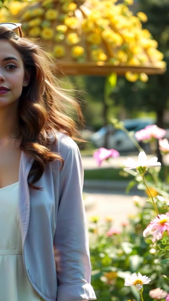 Subject: A pensive figure gazing at blooming flowers. Subject movement: Maya begins to step forward slowly, her gaze focused on the delicate petals swaying in the breeze. Scene: A sunlit park filled with vibrant flowers, green grass, and inviting pathways. Style: Warm morning light illuminating the colorful blossoms creates a cheerful atmosphere. Motion: The camera gently pushes in, capturing Maya’s contemplative expression and the flowers that dance lightly in the wind, transitioning to a close-up of her hands brushing against the petals.