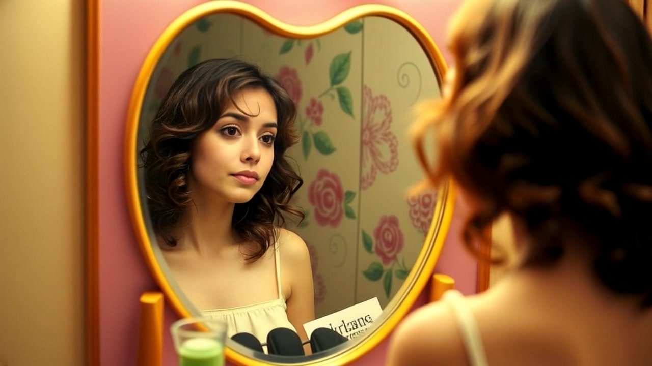 Scene: A softly lit, intimate bedroom where a woman stands in front of an ornate mirror, her expression pensive as she gazes at her reflection. Style: Warm, ambient lighting creates a serene atmosphere, highlighting the soft textures of the room. Motion: The camera gently dollies in, capturing the woman's contemplative moment as the reflection shifts subtly with her movements.