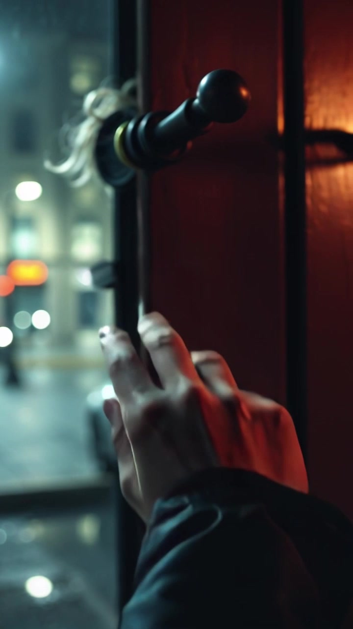 Subject: A hand reaching with determination for a front door handle. Scene: Close-up of the hand positioned against a wooden front door, emphasizing the texture of the wood and the glint of light on the door handle. Style: Ambient lighting softly illuminating the scene, creating a tense yet hopeful atmosphere. Motion: Camera begins at a tight close-up of the hand, then smoothly pans out slightly to reveal the door in full as the hand grips the handle firmly.
