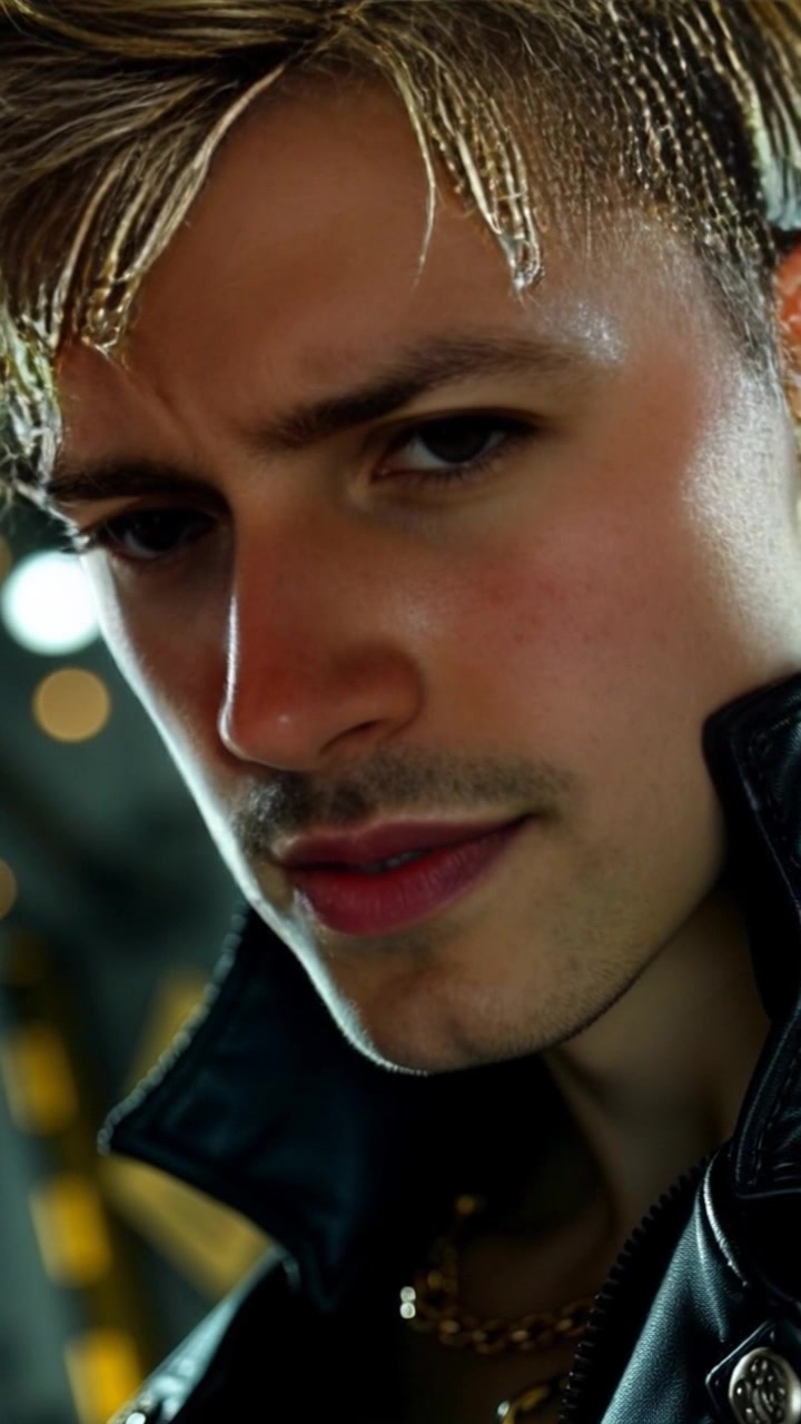 Subject: A focused individual pausing mid-speech, displaying intense concentration. Scene: Close-up shot capturing the expression and emotion on his face, with a blurred background hinting at an audience. Lighting: Soft, dramatic lighting that highlights the contours of his face, evoking a serious atmosphere. Motion: The camera slowly pushes in on his face, emphasizing the intensity of the moment as he breathes deeply, awaiting the next words.