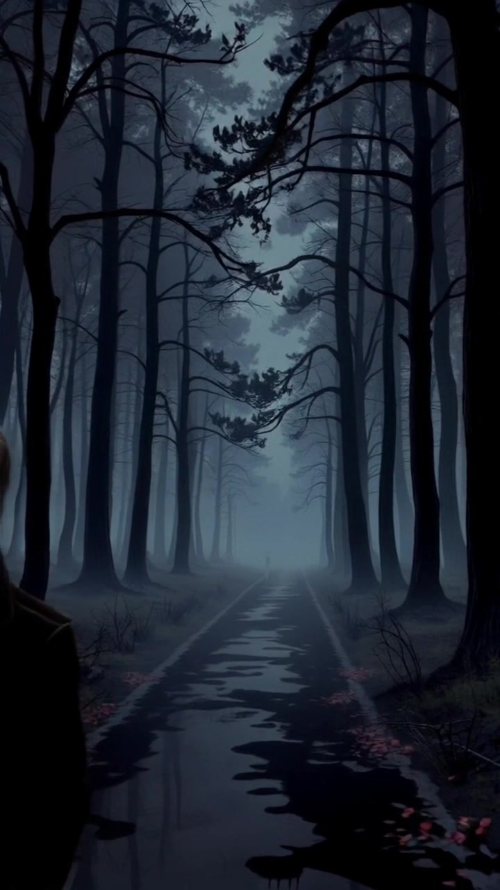 Scene: A dark, misty forest at dusk with long shadows of trees stretching across a winding path. Style: Soft ambient light with an eerie, muted color palette evoking a sense of mystery. Motion: The camera gently glides down the path, moving closer to the figure standing contemplatively, surrounded by the enveloping shadows of the towering trees.