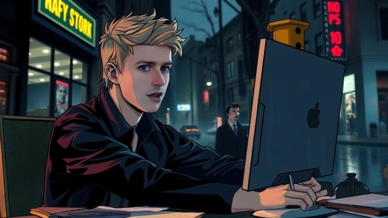Scene: A cluttered desk with scattered papers and a glowing computer screen, the focus on Ryan's facial expression shifting from confusion to sudden realization. Style: Soft, ambient lighting highlighting the messiness of the workspace and the intensity of the moment. Motion: The camera pushes in slowly to capture Ryan's reaction as he leans towards the screen, creating a more intimate atmosphere.