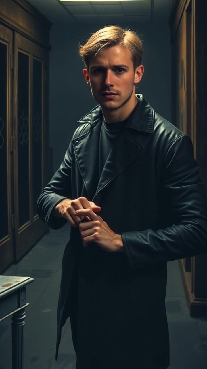 Subject: A man standing nervously in a dimly lit room, hands fidgeting anxiously. Scene: A tense atmosphere in a small, shadowy room filled with indistinct shapes that echo feelings of anxiety. Lighting: Dim, with a single shaft of light illuminating the man's face, creating contrasts of light and shadow. Motion: Camera slowly pushes in on the man, capturing his subtle fidgeting and shifting gaze, heightening the feeling of tension and uncertainty.
