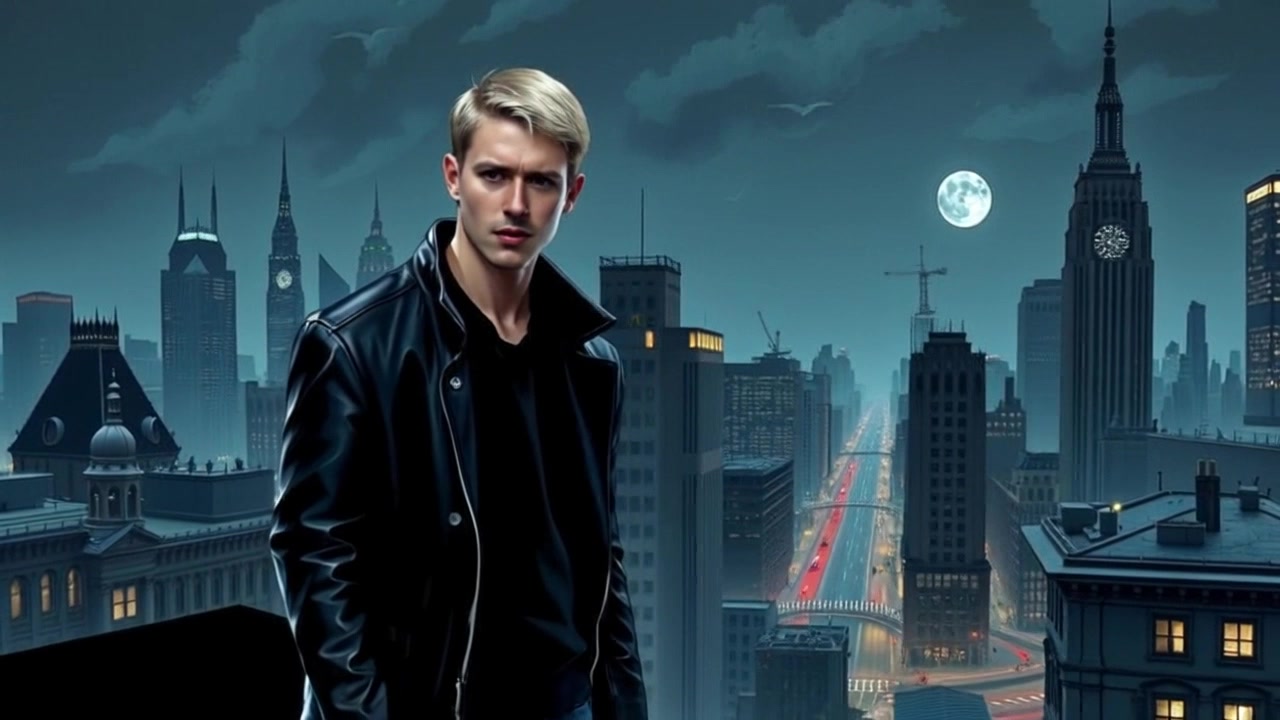 Subject: Ryan standing on a rooftop, overlooking Gotham City with a worried expression. Subject movement: Ryan glances anxiously over his shoulder, shifting his weight as if sensing an unseen threat. Scene: Rooftop setting high above the city, with towering skyscrapers and the dim glow of city lights below. Style: Nighttime lighting with sharp contrasts highlighting the city's dark silhouettes. Motion: The camera tracks back slowly, capturing both Ryan's tense posture and the sprawling skyline of Gotham, enveloped in a moody, suspenseful atmosphere.