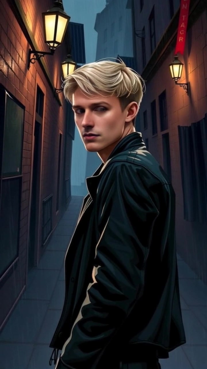 Subject: A person standing in a dimly lit alley, exuding a sense of intrigue. Subject movement: The person glances suspiciously over their shoulder, creating a tense atmosphere. Scene: Dark alleyway, with flickering light from an overhead streetlamp casting long shadows across the cobblestones. Style: Low-key lighting enhances the mystery of the setting, with stark contrasts highlighting the figure's features. Motion: Handheld camera performs a subtle push-in as the person shifts their gaze, capturing the moment's intensity.